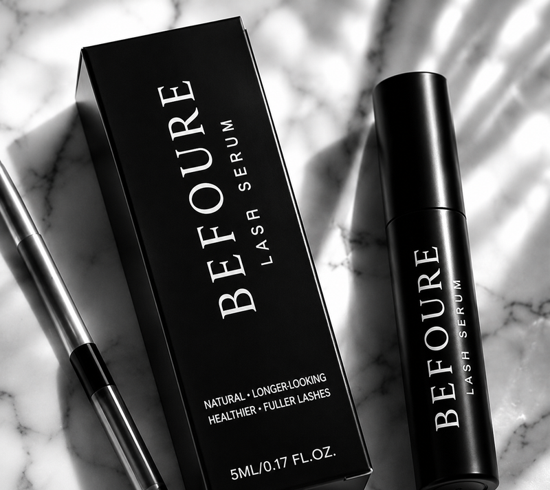 BEFOURE Lash Serum box and applicator on marble